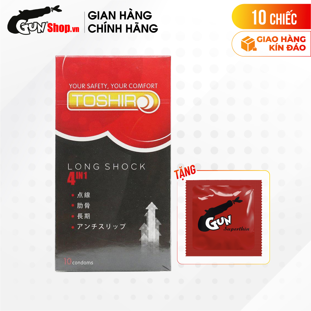 [Hộp 10 cái] Bao cao su Toshiro Long Shock 4in1 - Kéo dài thời gian kèm 1 chiếc BCS Gun Super Thin