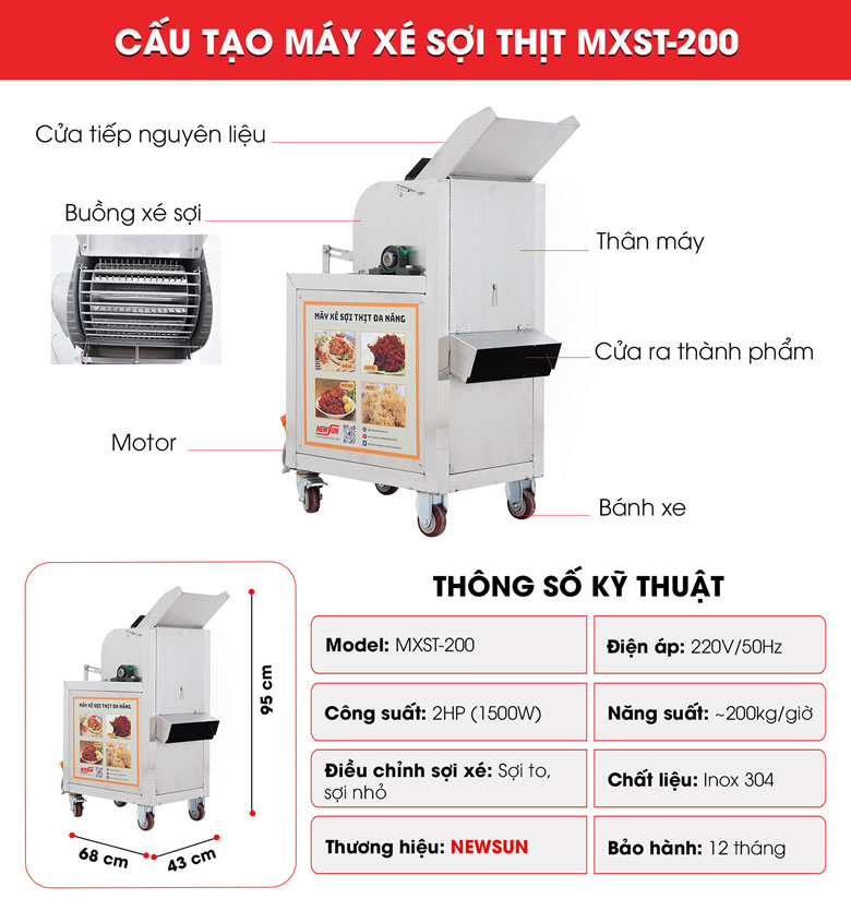 Máy xé sợi thịt gà MXST-200 xé thịt đa năng NEWSUN - Hàng chính hãng