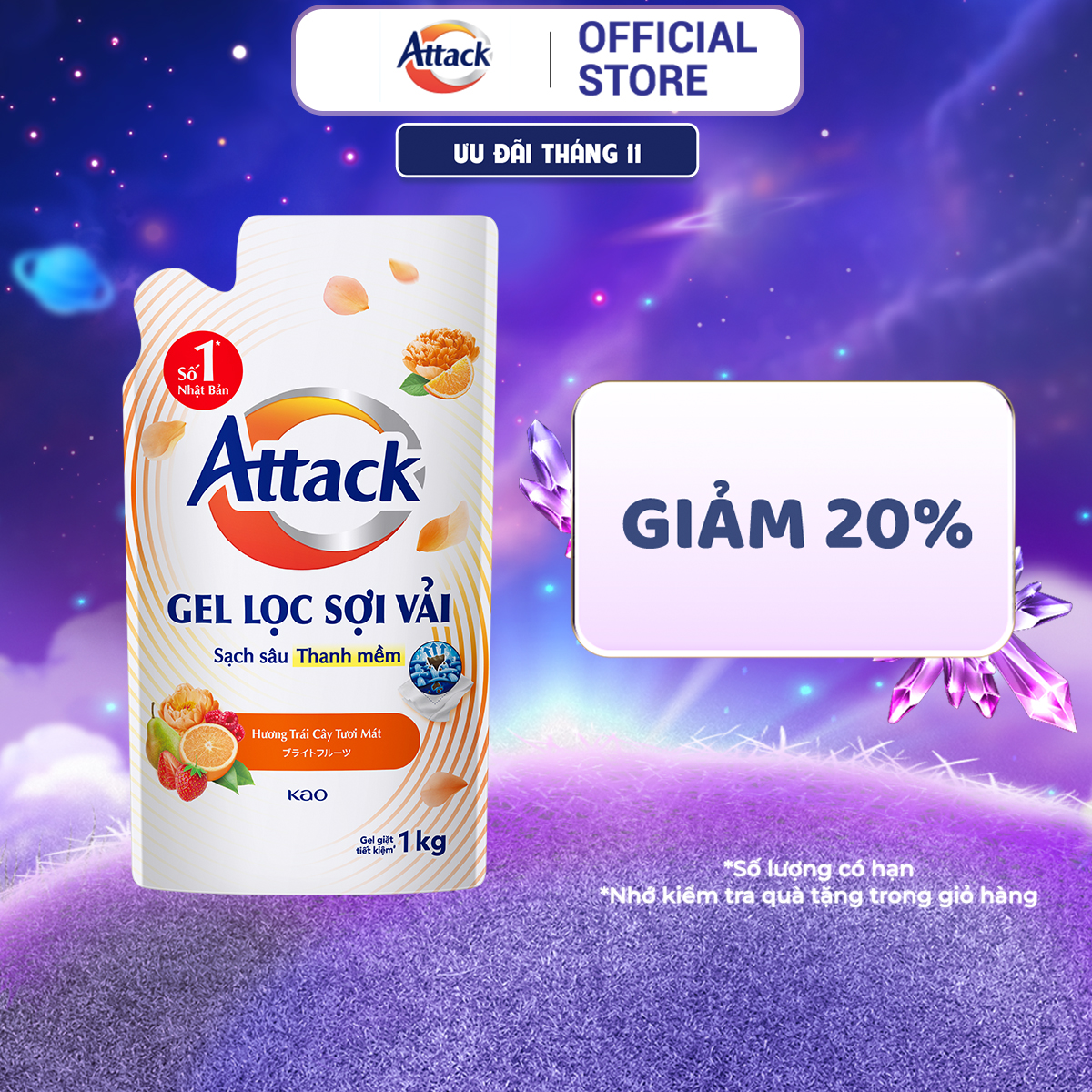 Gel Giặt Attack Hương Trái Cây Tươi Mát Túi 1Kg