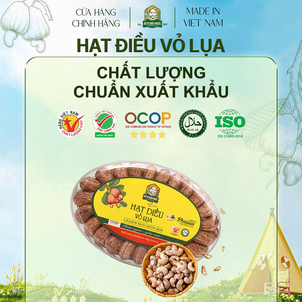 Hạt Điều Vỏ Lụa Bà Tư Bình Phước 160G – Giòn Bùi Tự Nhiên, Đậm Đà Hương Rang Củi