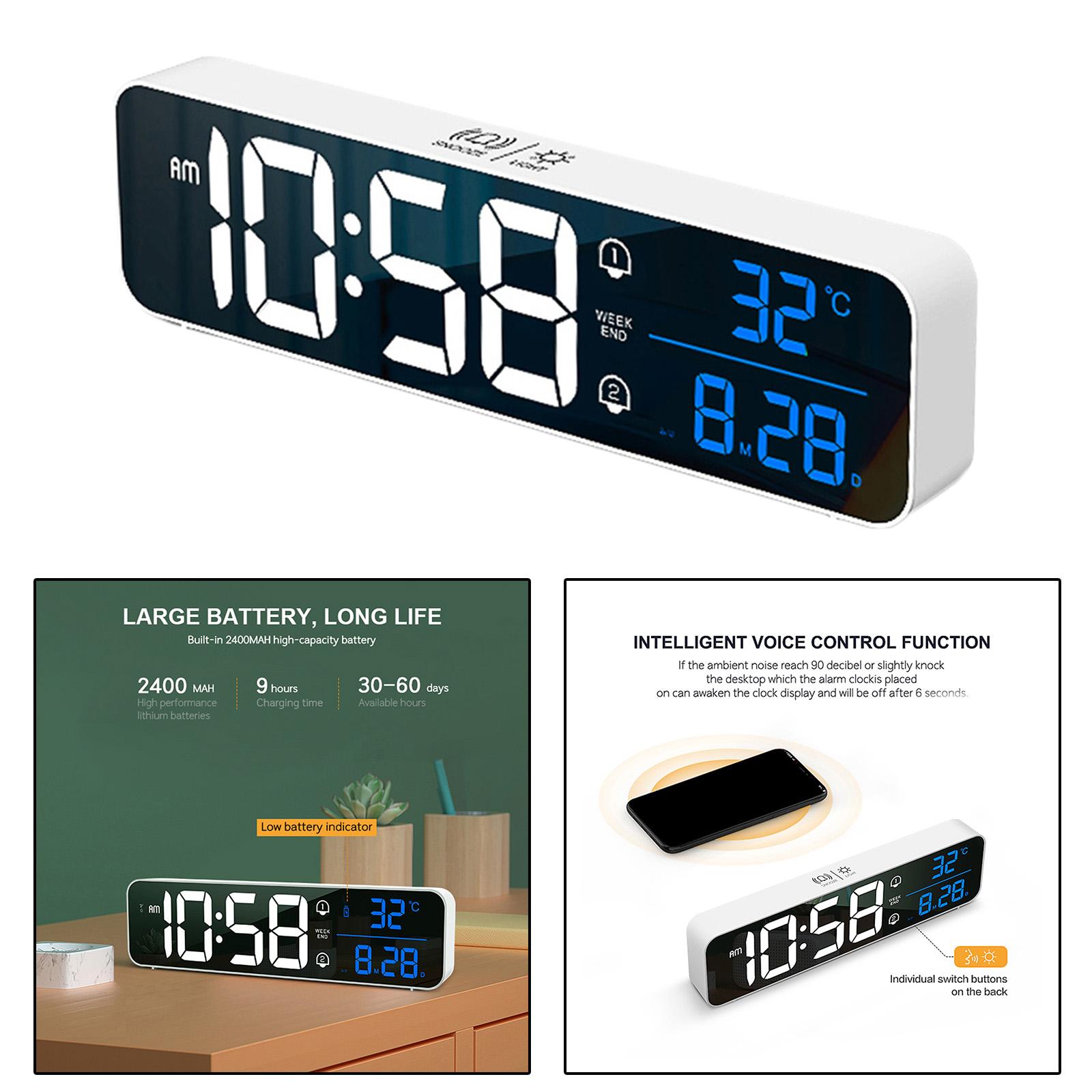 Living Room Mirror Large Digital Alarm Clock LED with Temperature 40 Music 4 Volume, Wall Clock