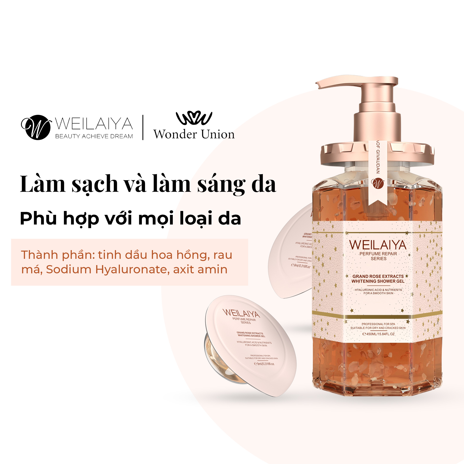 Combo 3 chai Sữa tắm nước hoa, trắng da toàn thân Damask Weilaiya chiết xuất cánh hoa hồng phù hợp cho mọi loại da 450ml