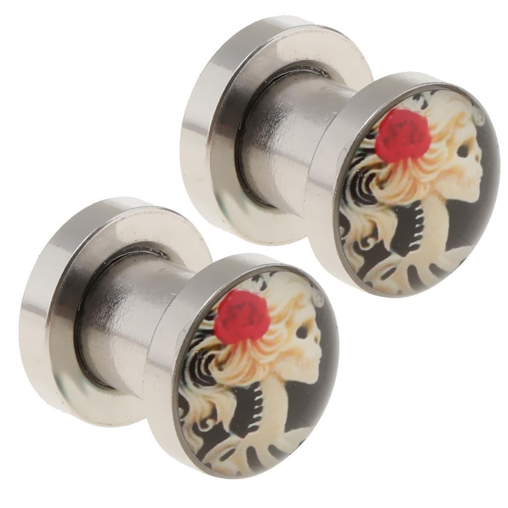 2 Pcs Gothic Red Rose Skull Ear Tunnels Expanders Halloween Gifts