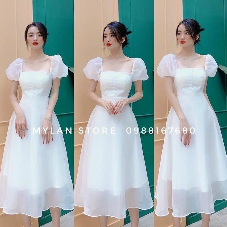 Đầm váy nữ dự tiệc voan tơ cổ vuông đính ngọc đỏ trắng nude nhẹ nhàng trẻ trung
