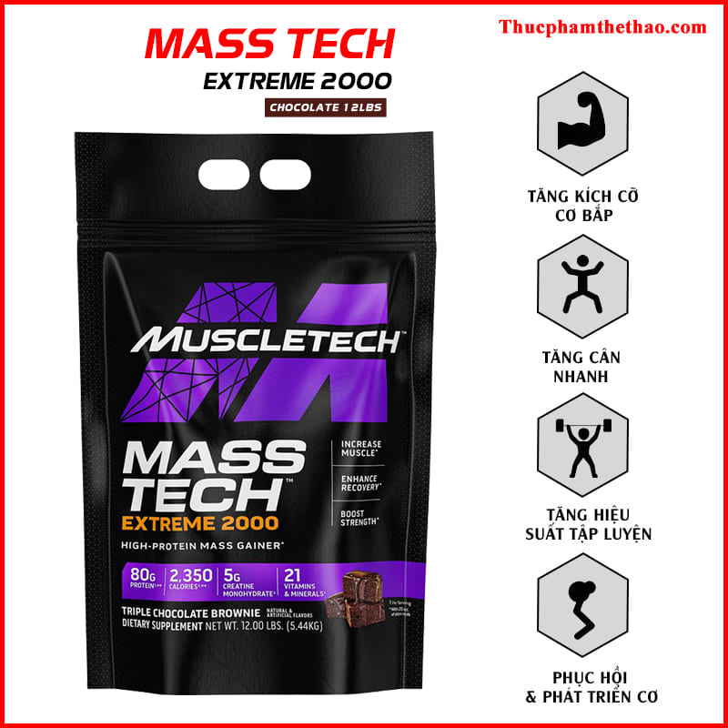 Sữa tăng cân MuscleTech - Mass Tech Extreme 2000 bịch 12lbs (5.4kg) - Nhiều Mùi Vị - Kèm Quà Tặng - Chính Hãng USA