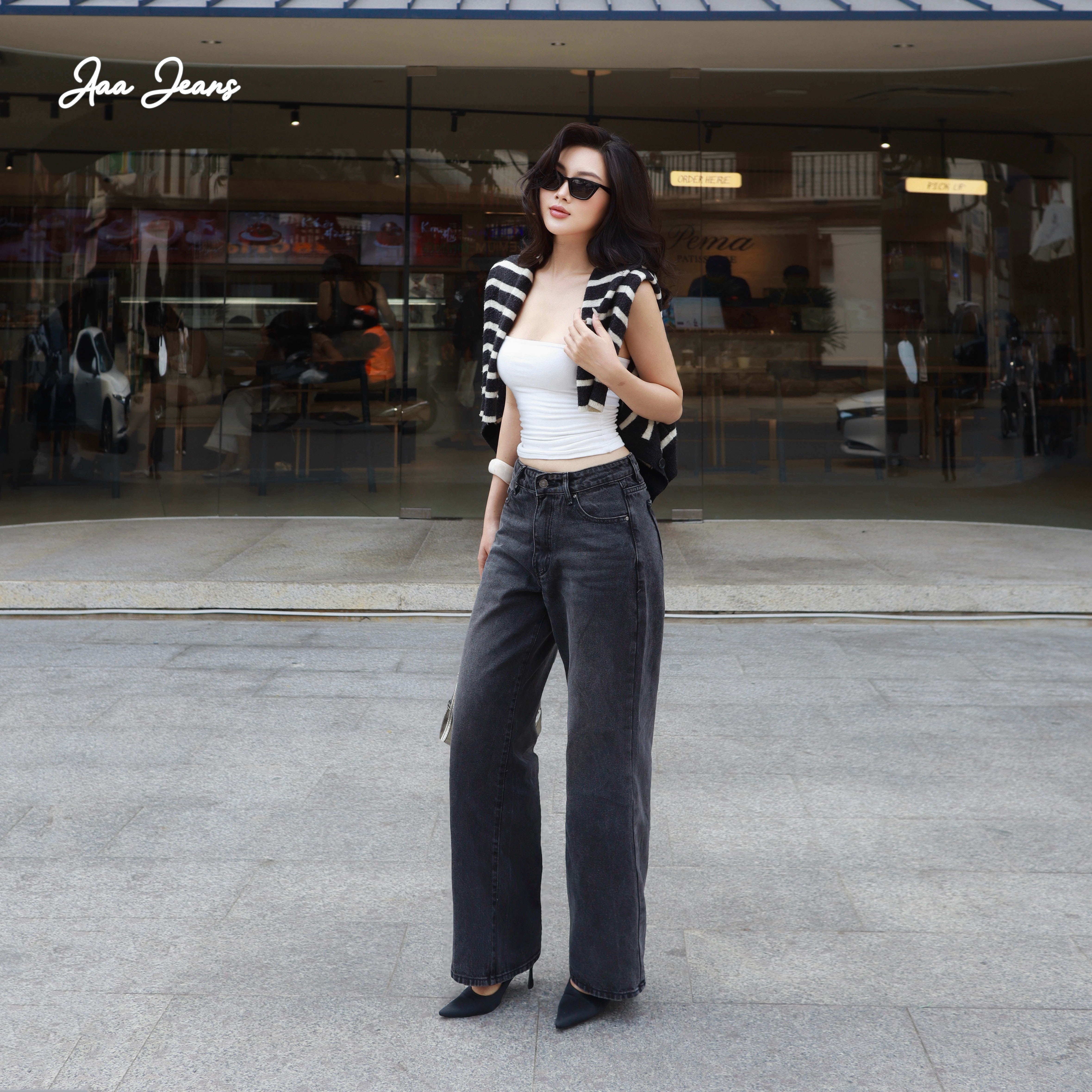 Quần jeans nữ màu xám ống suông lưng thấp Aaa Jeans