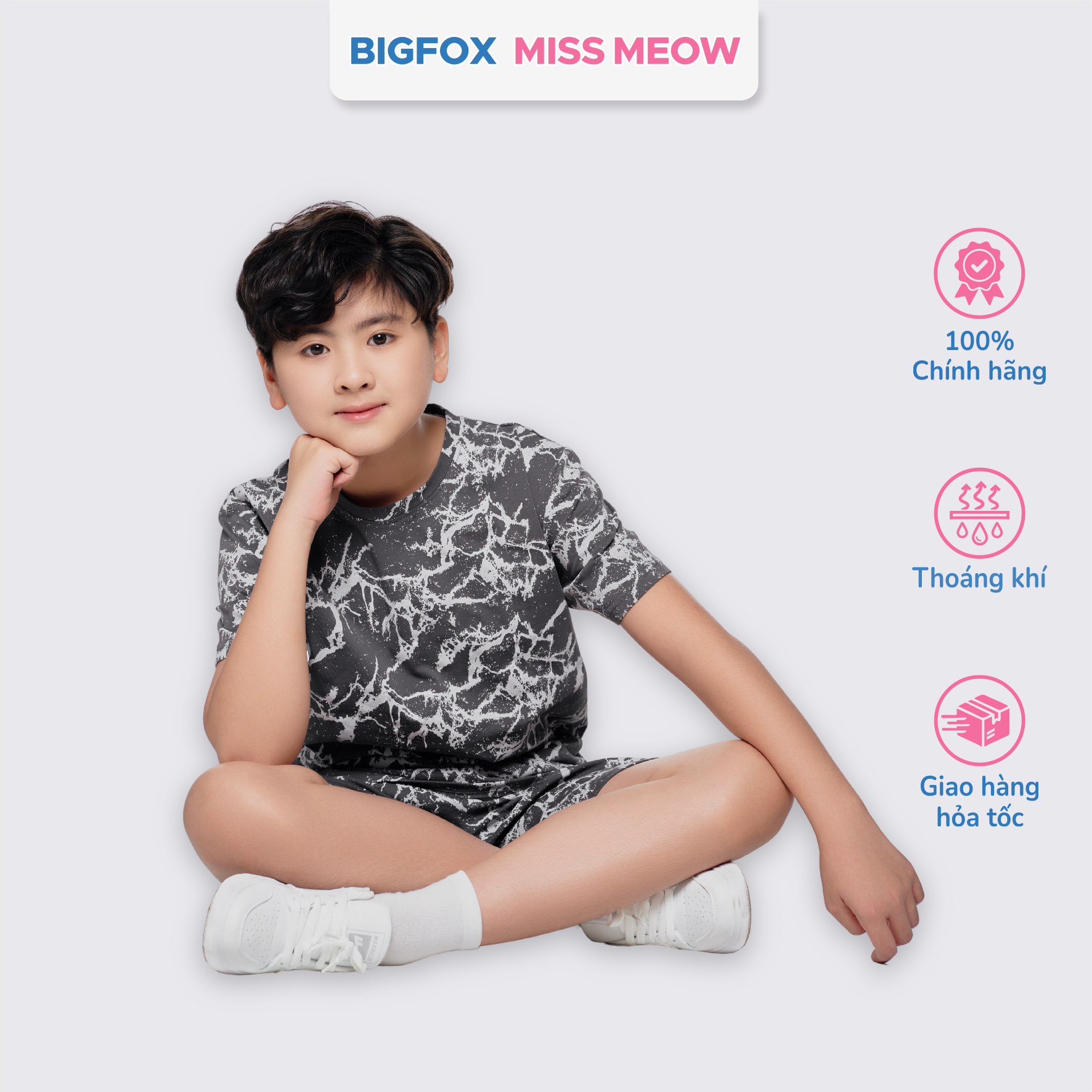 Bộ cộc tay bé trai Bigfox Miss Meow size đại chất cotton cỡ 12,13,14,15 tuổi 40kg 50kg