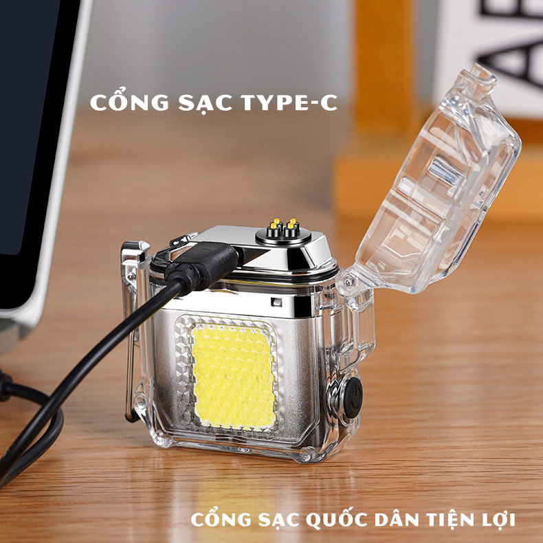 Hột quẹt điện chống nước 4 tia plasma tích hợp đèn pin sạc cổng quốc dân Type-C