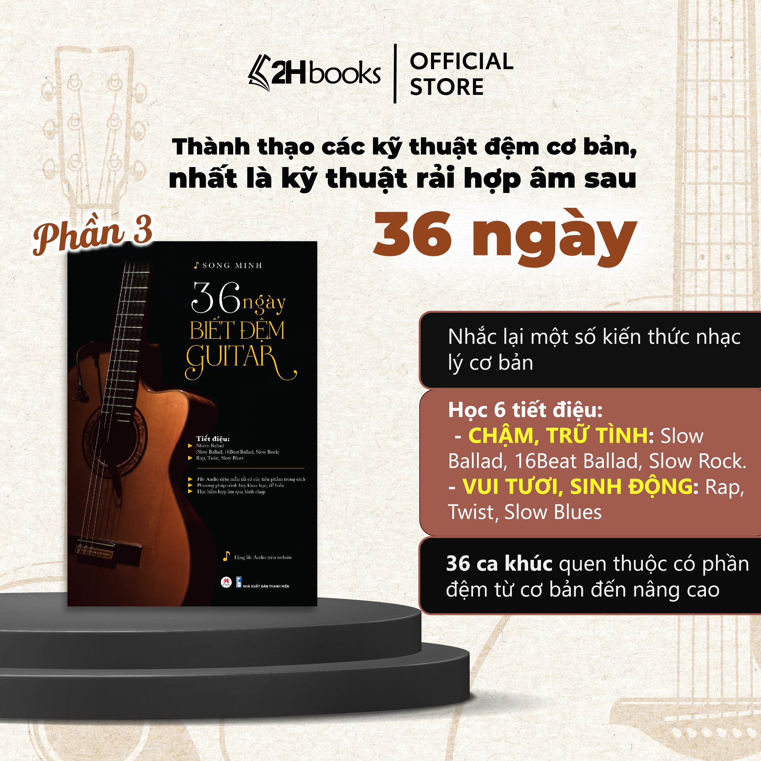 Sách học guitar, Sách 36 ngày biết đệm guitar, tự học guitar cơ bản, giáo trình guitar, học đàn guitar- 2HBooks