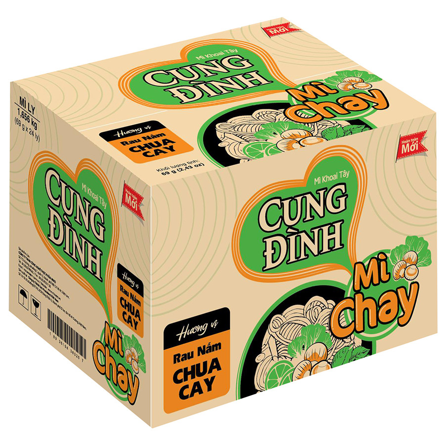 Thùng 24 Ly Mì Chay Cung Đình Rau Nấm Chua Cay (69g / Ly)