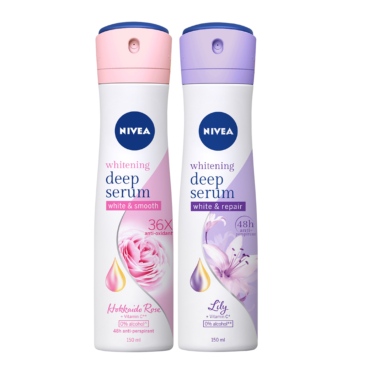 Bộ đôi Xịt Ngăn Mùi Nivea Serum Trắng Mịn Hương Hoa Hồng Hokkaido 85304 & Xịt Ngăn Mùi Nivea Serum Trắng Mịn Hương Hoa Lily 85312