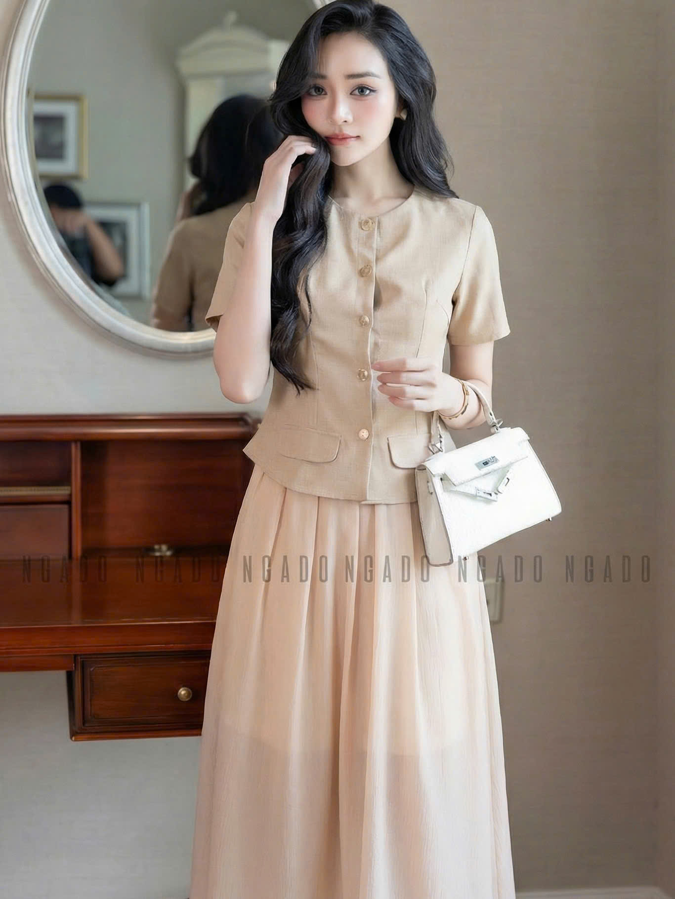 Set áo nâu chân váy voan tơ NGADO , set áo váy Nữ , set công sở , dự tiệc