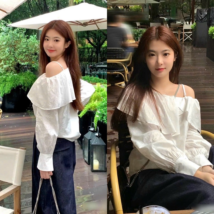 SET ÁO DÂY TRỄ VAI SƠ MI BÈO RỘNG TRẮNG + QUẦN DÀI ỐNG RỘNG LƯNG CAO SUÔNG ĐỨNG JEANS ĐI CHƠI DẠO PHỐ ĐI TIỆC ĐI BIỂN