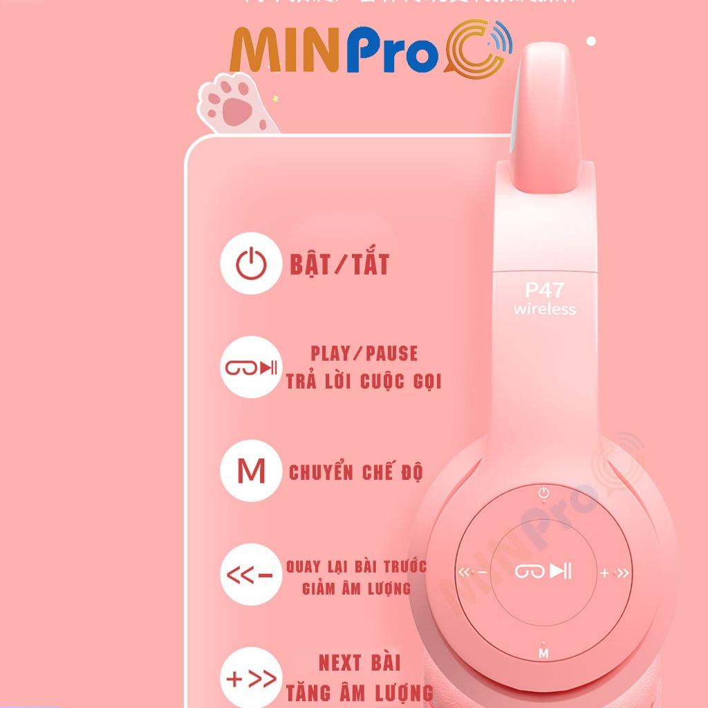 Tai nghe chụp tai mèo bluetooth 5.0 cute, Headphone tai mèo 7 màu led phát sáng không dây có mic - MINPRO