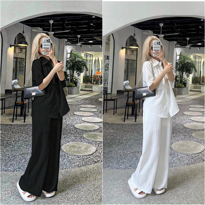 SET ÁO SƠ MI XẺ LƯNG + QUẦN ỐNG RỘNG