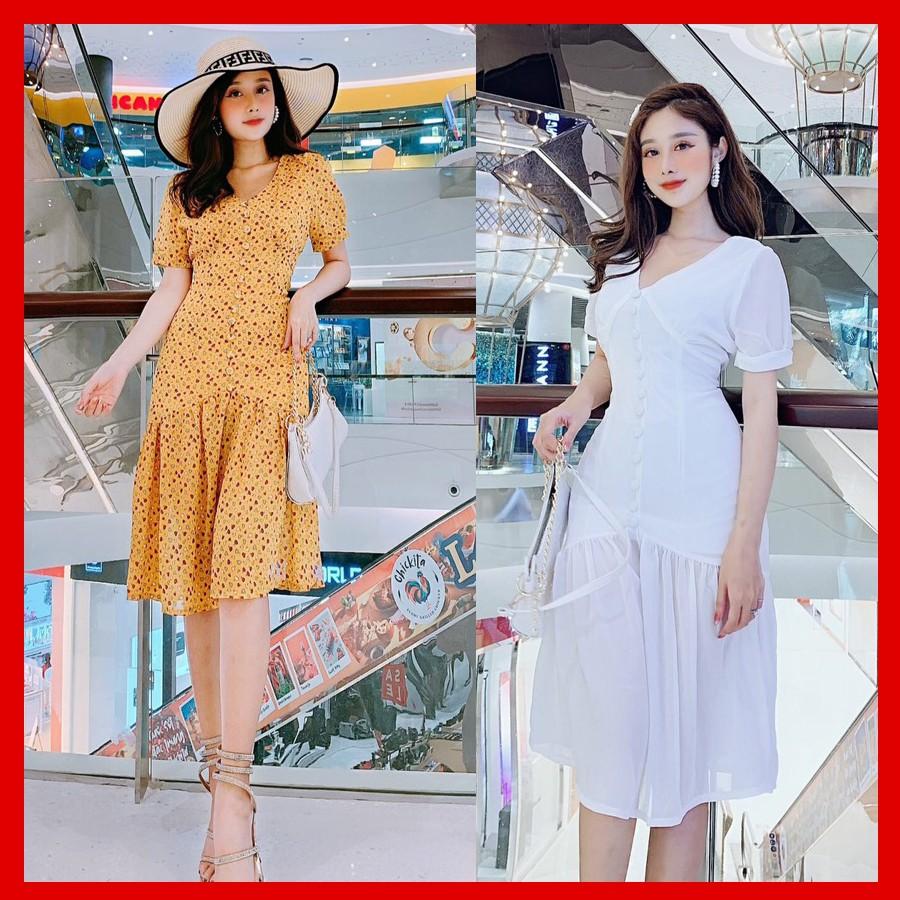 Đầm suông cổ V bèo lai phối nút bọc dạo phố cafe,dự tiệc siêu iu hàng đẹp cao cấp - ĐS333VDVDVDVD