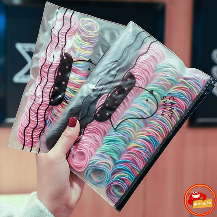 SET 500 chiếc chun buộc tóc nhiều màu kèm túi đựng khóa zip (500CT)