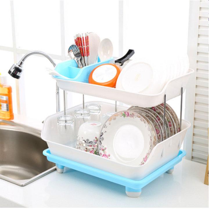 Giá úp bát kèm ống đũa bằng nhựa cao cấp thiết kế 2 tầng với khay hứng nước xoay mọi hướng, cho không gian bếp luôn khô ráo, thoáng đãng - Kệ úp chén đĩa 2 tầng