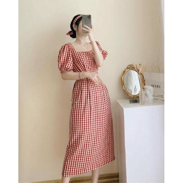 ĐẦM NỮ TAY NGẮN CARO ĐỎ ĐI CHƠI