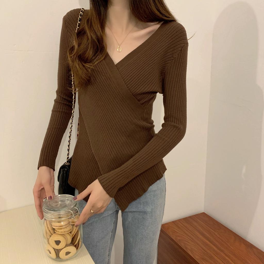 Áo sweater dệt kim cổ chữ V duyên dáng thời trang cho nữ 2186162