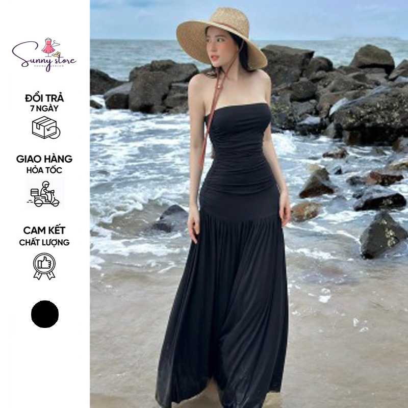 Đầm Maxi Ống Đen, Đầm Maxi Cúp Ngực Chất Lụa Larong