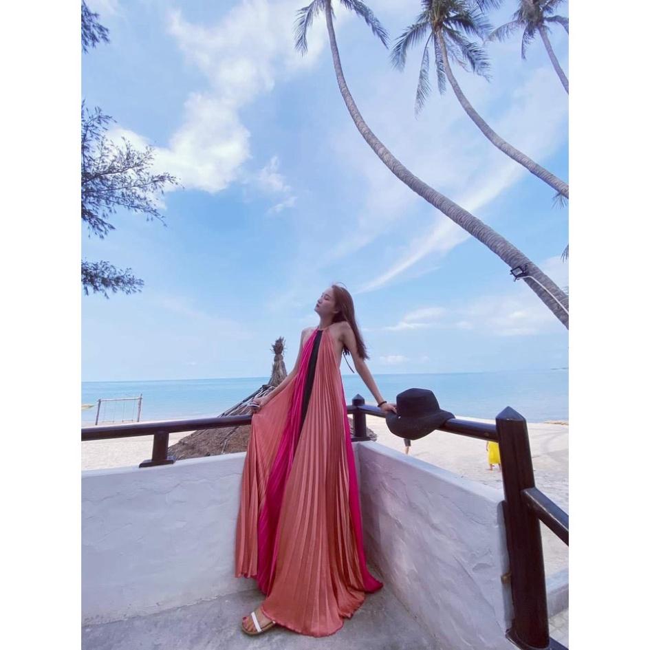 Đầm váy maxi phi dập ly cổ yếm hở lưng suông dài loang màu Ivy.fashion đi biển dự tiệc dạo phố bigsize gợi cảm sexy