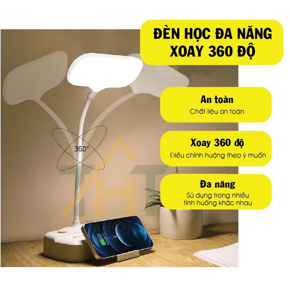 Đèn bàn đèn học đa năng chống cận có 3 chế độ đèn, ổ cắm điện, sạc điện thoại, Led tích điện đa năng hỗ trợ đọc sách, làm việc, trang trí