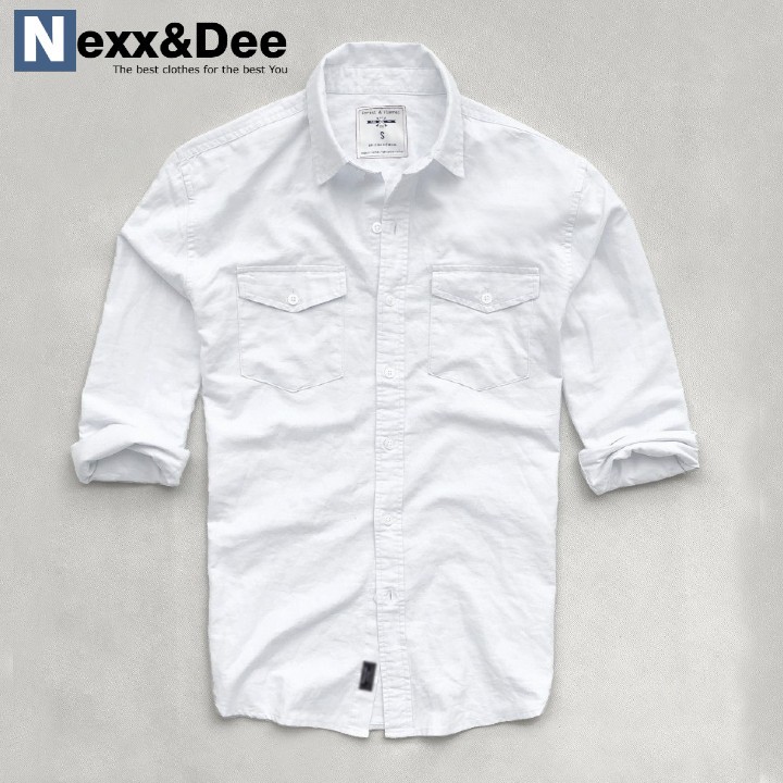 Áo sơ mi nam tay dài hai túi công sở màu trắng vải oxford denim cao cấp NS035