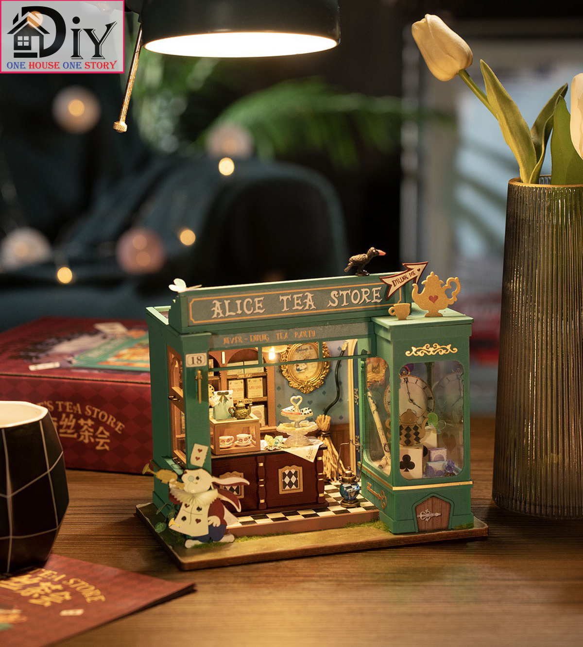 [Bản tiếng Anh]Mô hình nhà búp bê tự lắp ráp bằng gỗ 3D ALICE'S TEA STORE DIY- Quà tặng sinh nhật giáng sinh