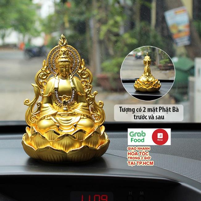 Tượng Phật Bà Quan Thế Âm Bồ Tát hai mặt tọa đài sen vàng đính đá cao cấp trang trí taplo ô tô xe hơi