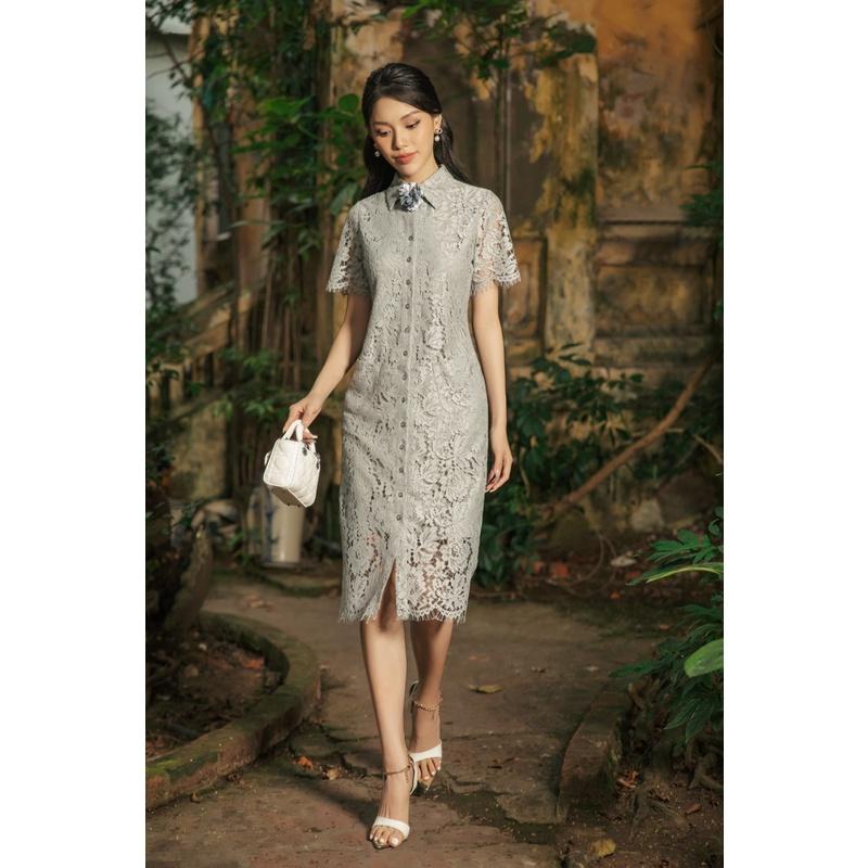 Đầm chất liệu ren chỉ Hàn Quốc, may hai lớp, dáng đầm sơ mi, cài cúc trước, tay ngắn CLARA MARE DRE4021