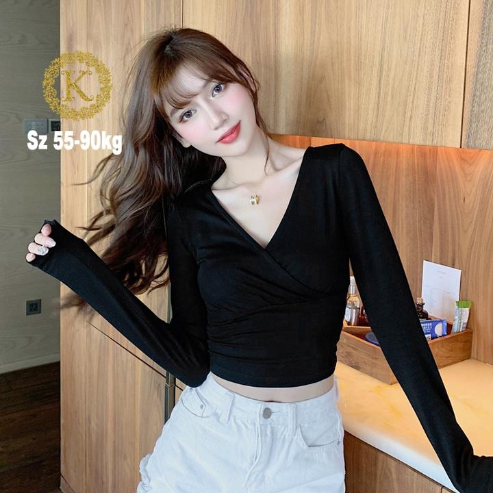 Áo croptop nữ tay dài bigsize 55-90kg kimfashion, Croptop bigsize chéo ngực phong cách Hàn Quốc AT03-D