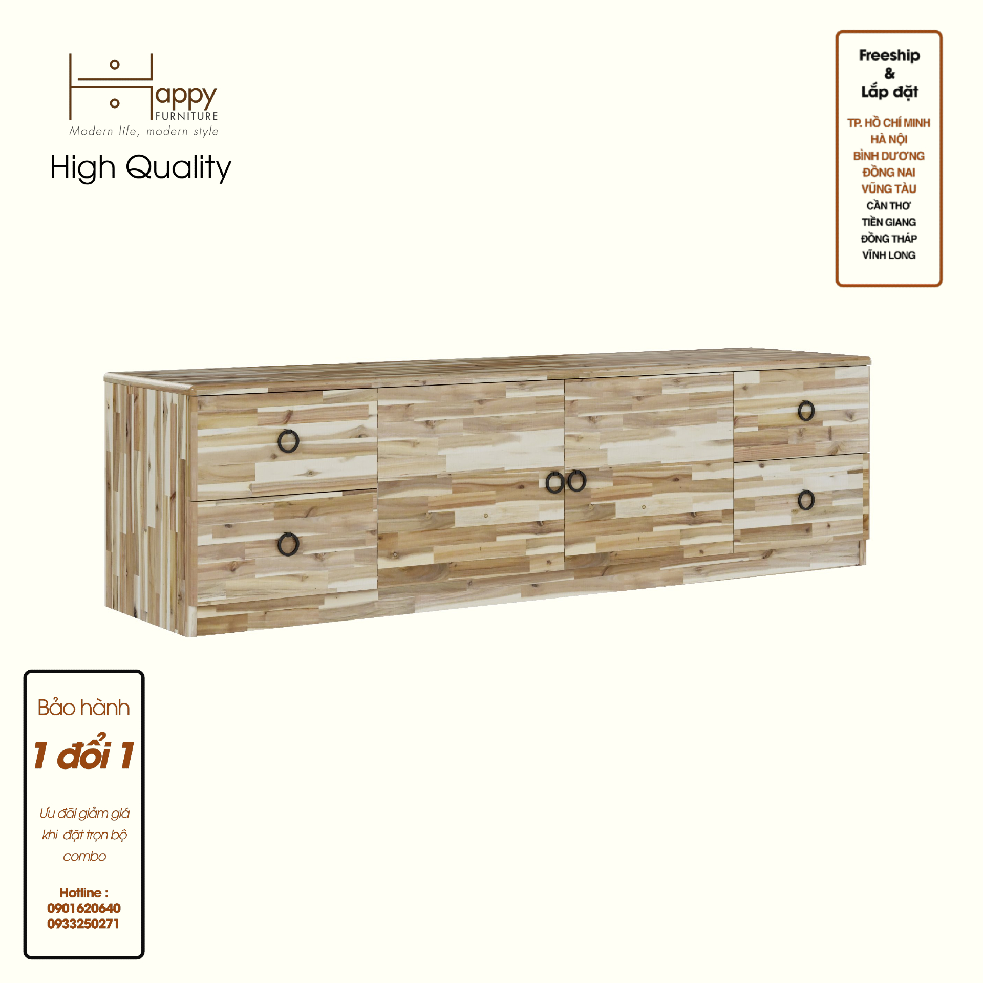 HAPPY FURNITURE , Gỗ tự nhiên , Kệ TV 2 cửa mở 4 ngăn kéo - YANNA , KTV_058_THG , 160cm x 40cm x 45cm