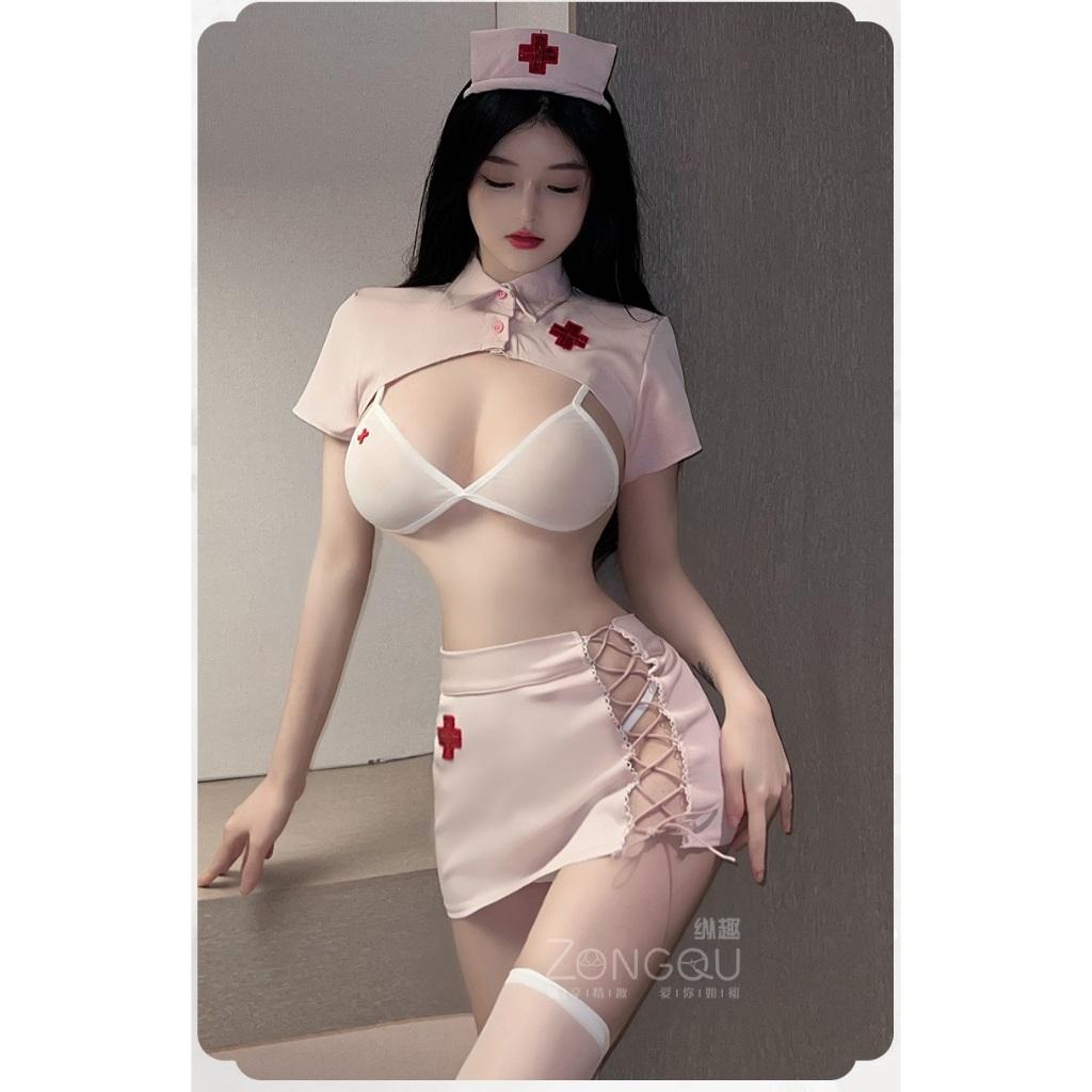 Tặng Kèm Tất + Bờm Tóc - Cosplay Hóa Trang Nữ Y Tá, Trang Phục Cosplay, Đồ Ngủ Cosplay, Bodysuit Xuyên Thấu C068