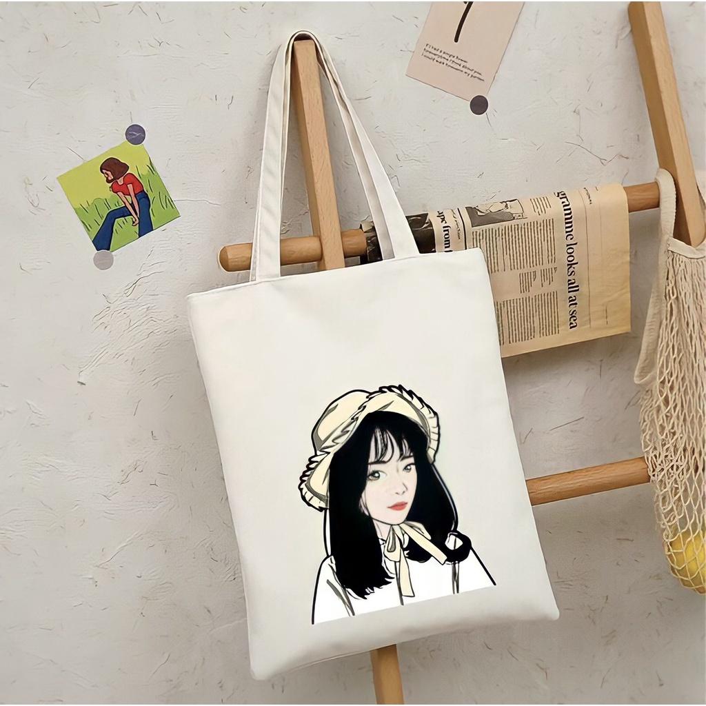 Túi tote túi vải canvas phong cách Hàn Quốc hoạ tiết cô gái và hoa đáng yêu Tuinuxinh68 554