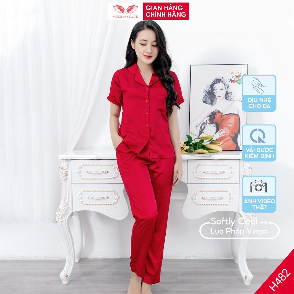 Bộ Đồ Ngủ Pijama Nữ VINGO Mặc Nhà Tay Cộc Quần Dài Lụa Pháp Trơn Mềm Cao Cấp Viền Bèo Thanh Lịch Thu Đông H482 VNGO