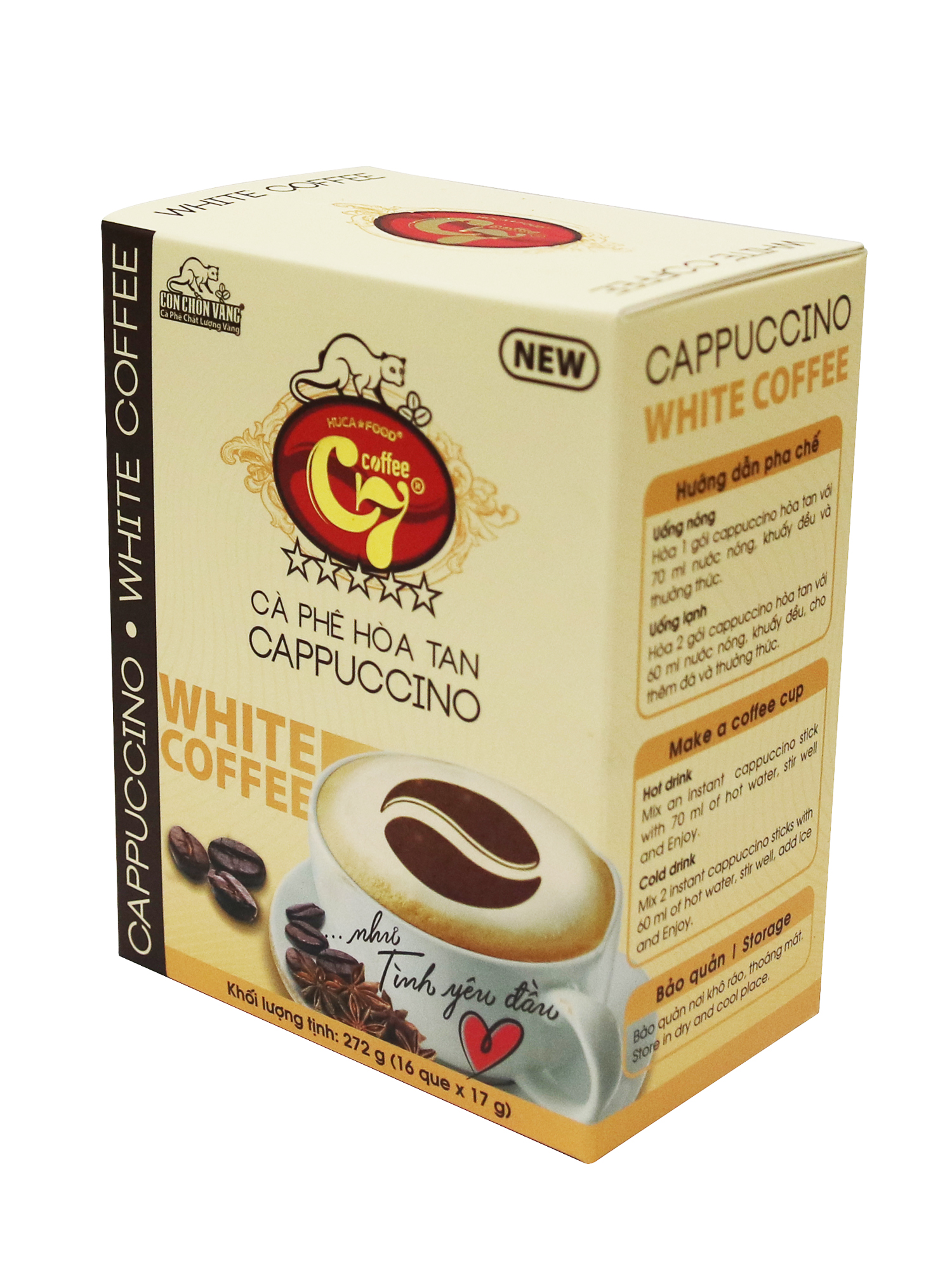 Cà Phê Hòa Tan Cappuccino White Coffee Hiệu Con Chồn Vàng C7 - Hộp 272Gr (16 Gói x 17Gr)