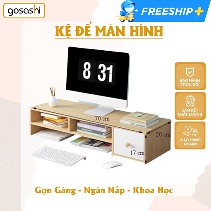 Kệ gỗ để màn hình máy tính có ngăn kéo chính hãng Gosashi KeMayTinh4Ngan - dễ dàng lắp đặt,thiết kế hiện đại