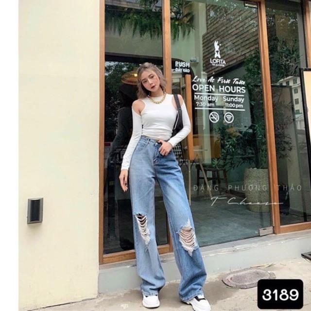 QUẦN JEANS RÁCH ỐNG RỘNG DÁNG DÀI LOANG MÀU