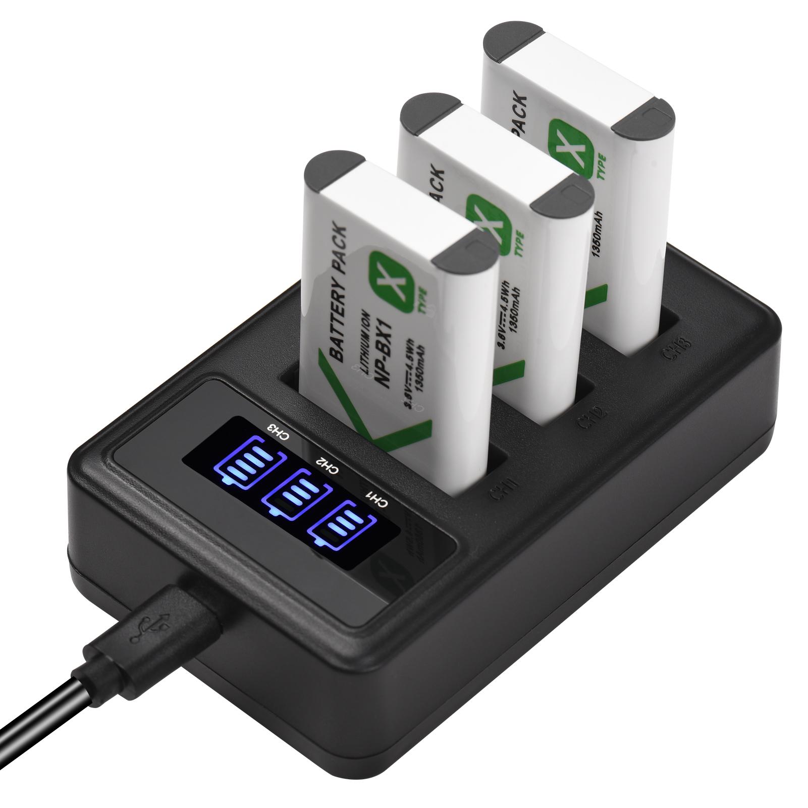 NP-BX1 Battery Charger 3-Slot with LED Indicators + 3pcs NP-BX1 Batteries 3.6V 1350mAh with USB Charging Cable Replacement for Sony DSC-RX100/DSC-RX100 II/DSC-RX100M II/DSC-RX100 III/DSC-RX100 IV/DSC-RX100 V VII/ZV-1