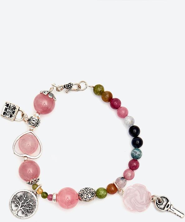 Vòng tay thạch anh hồng mix tourmaline đa sắc phối chìa khóa bạc Ngọc Quý Gemstones
