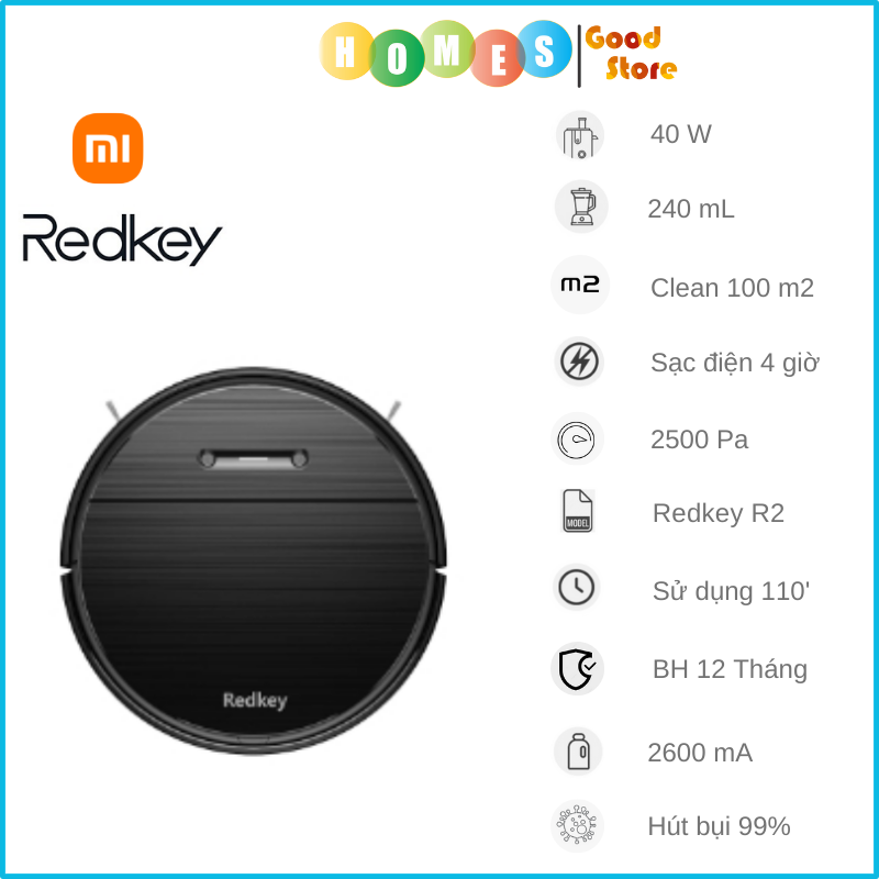 Robot Hút Bụi Lau Nhà XIAOMI Redkey R2, Diện Tích Hoạt Động 150m2, Lực Hút 2500 Pa, Công Suất 40W - Hàng Chính Hãng