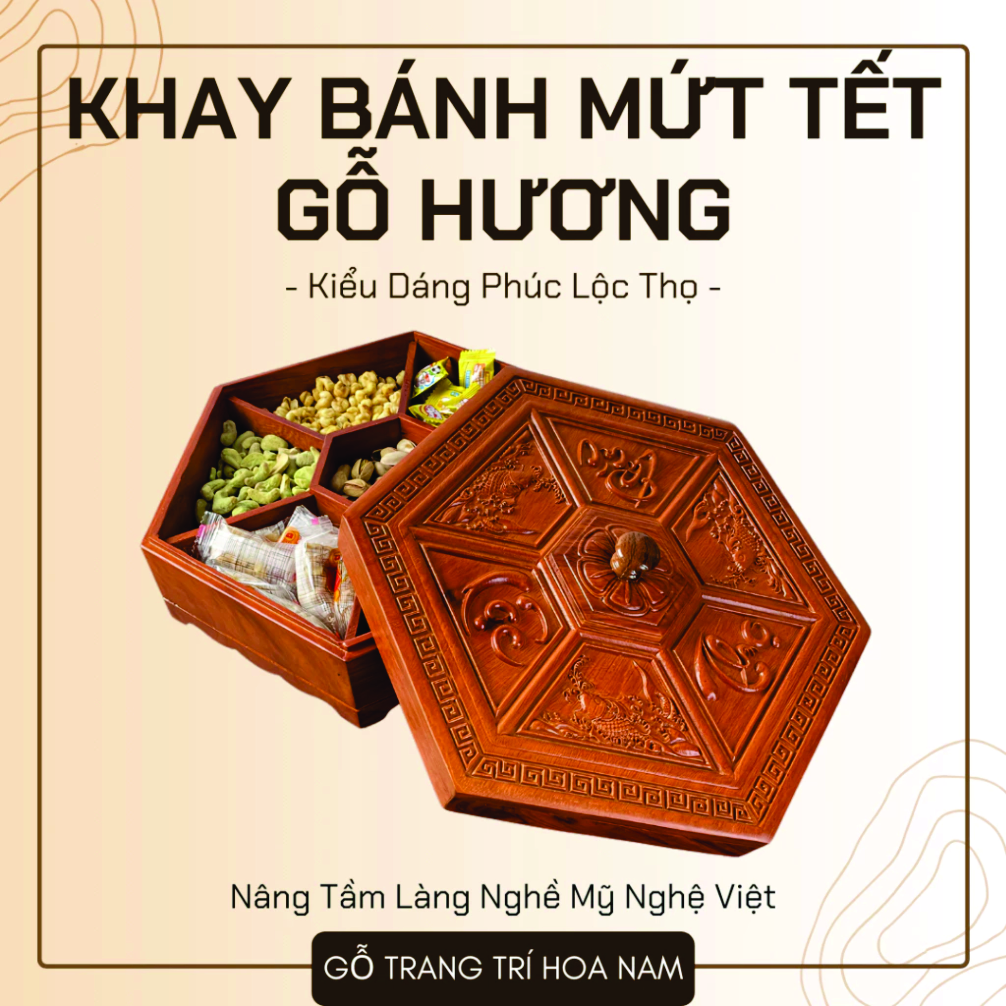 Khay gỗ đựng bánh kẹo - Hộp gỗ đựng bánh kẹo tết Phúc - Lộc - Thọ - Khay gỗ Hương cao cấp