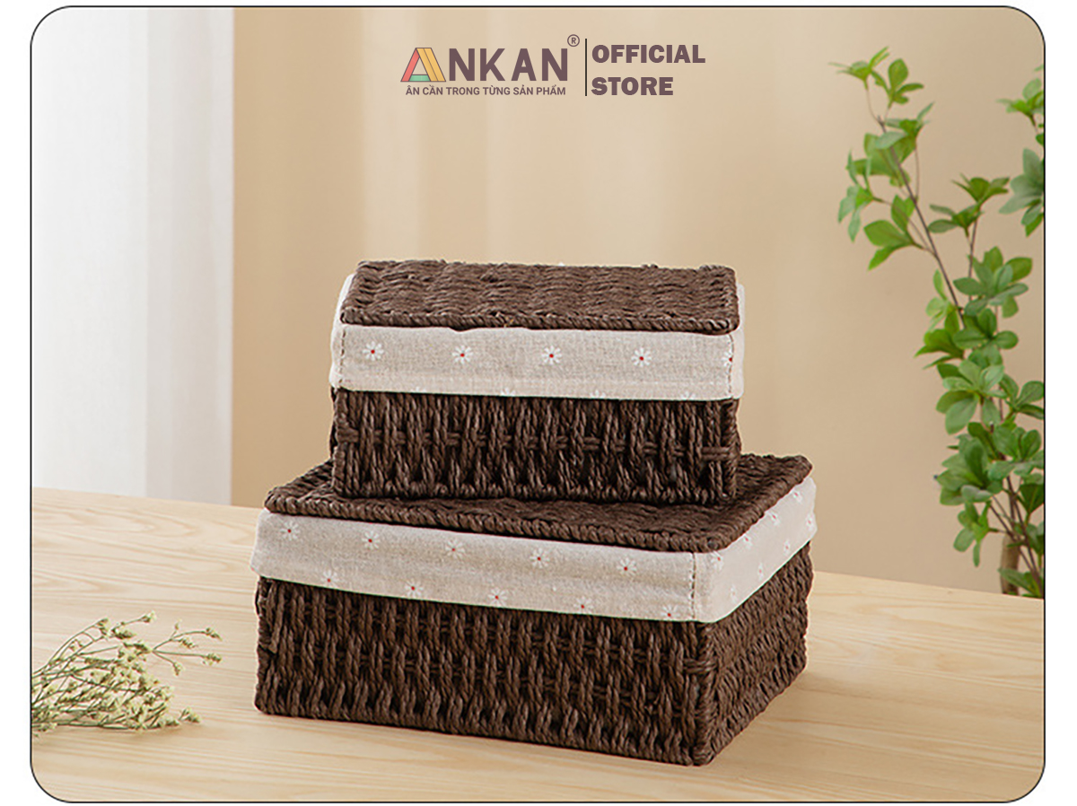 Giỏ Mây Có Nắp Đựng Đồ, Đựng Mỹ Phẩm, Đựng Đồ Ăn Vặt Để Bàn, Decor Chụp Ảnh Sản Phẩm Lót Vải Vintage