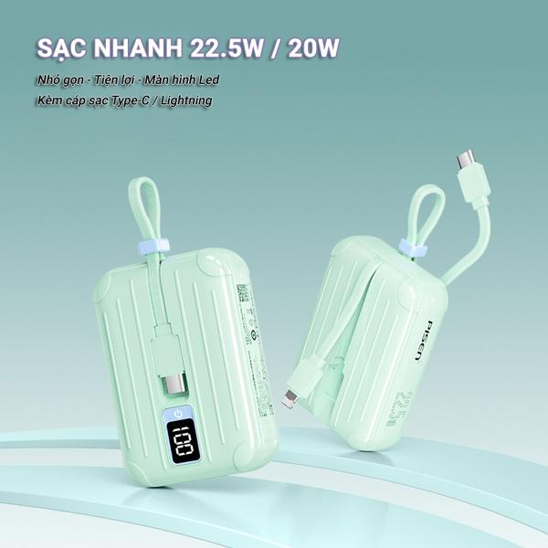Sạc Dự Phòng Pisen Quick - POWERLink Tiny 22.5W 10000mAh (L &amp; C) - Pisen TS-D326 - Màu Xanh Mint