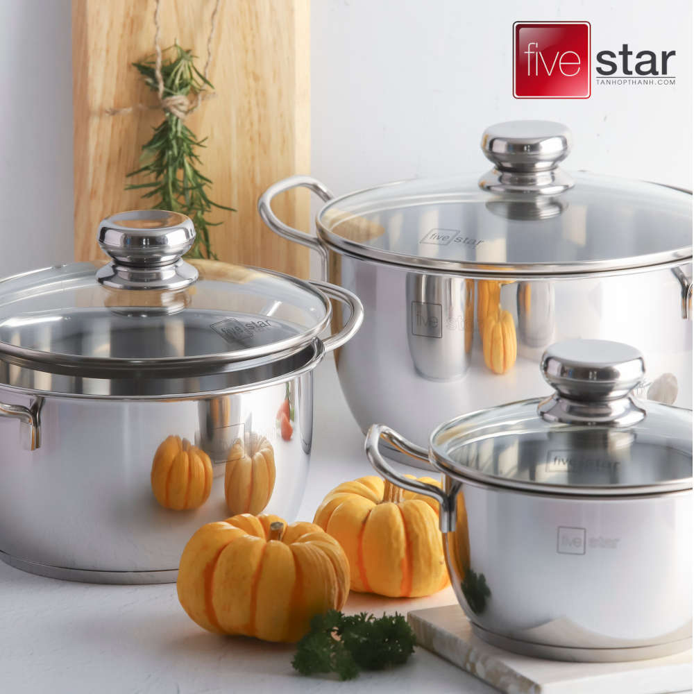 Bộ 3 Nồi Inox 3 Đáy 5 Ngôi Sao Royal Cool vung kính gồm 3 size 16cm, 20cm và 24cm