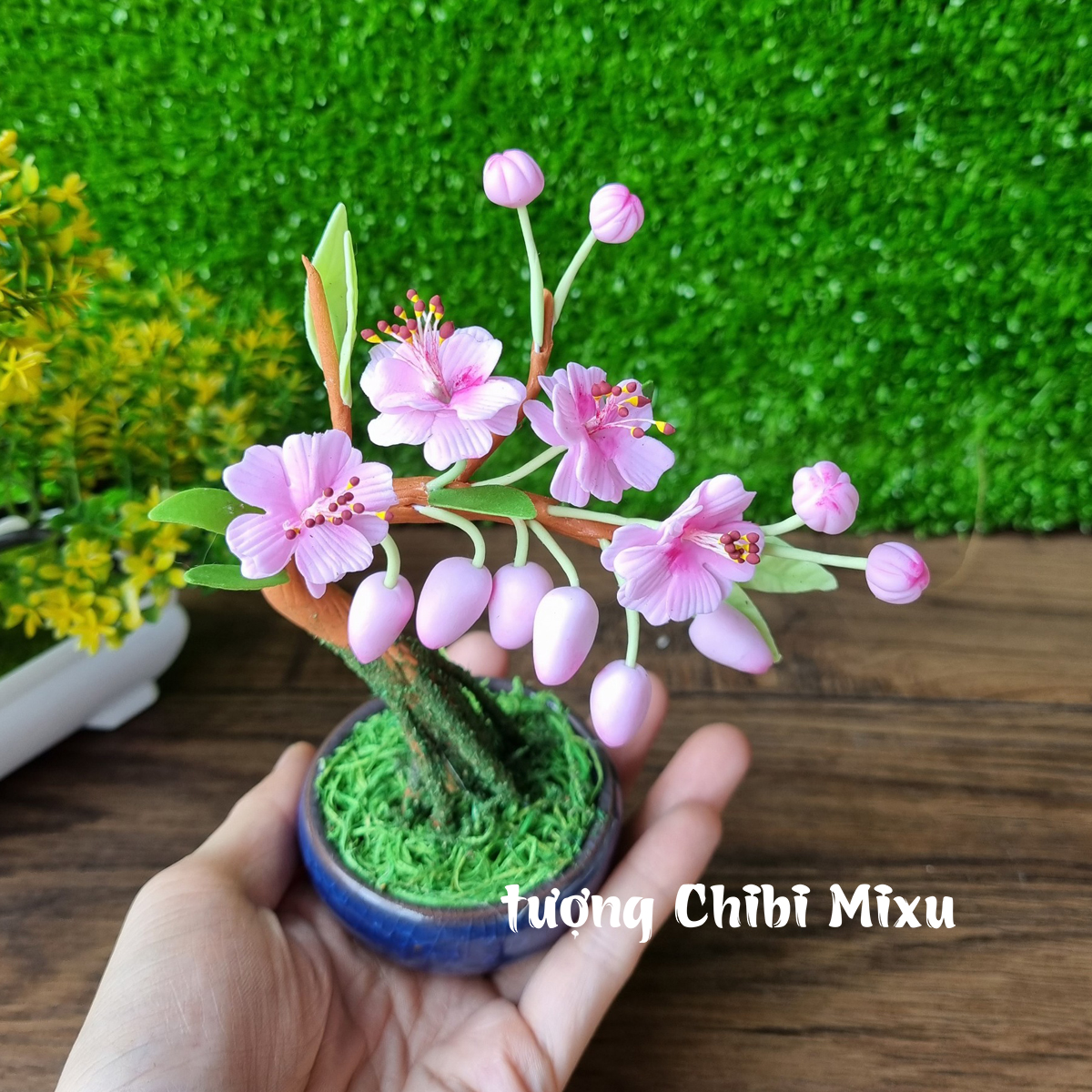 Chậu hoa Đào 10 cánh dáng nghiêng bằng đất sét Nhật