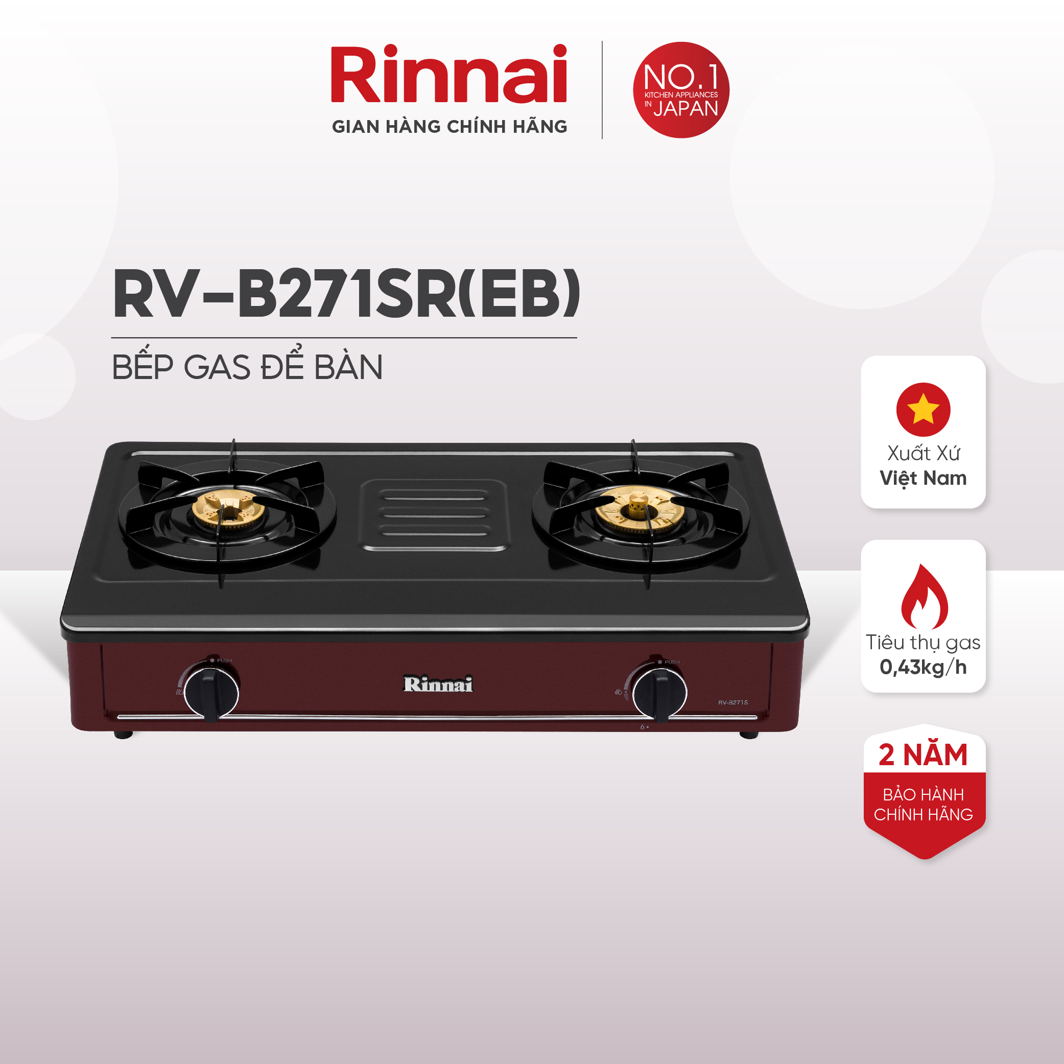 Bếp gas dương Rinnai RV-B271SR(EB) mặt bếp men và kiềng bếp men - Hàng chính hãng.