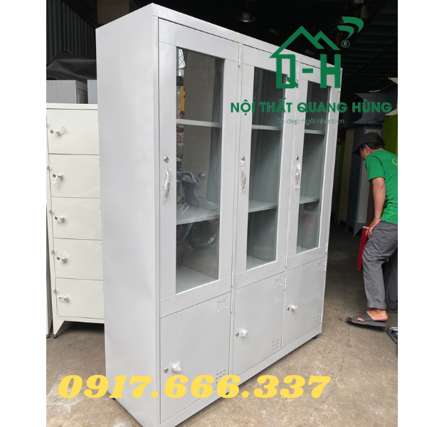 TỦ HỒ SƠ 3 CÁNH CỬA KÍNH SƠN TĨNH ĐIỆN 1M8X1M2X45CM MÀU XÁM GHI DÀNH CHO VĂN PHÒNG