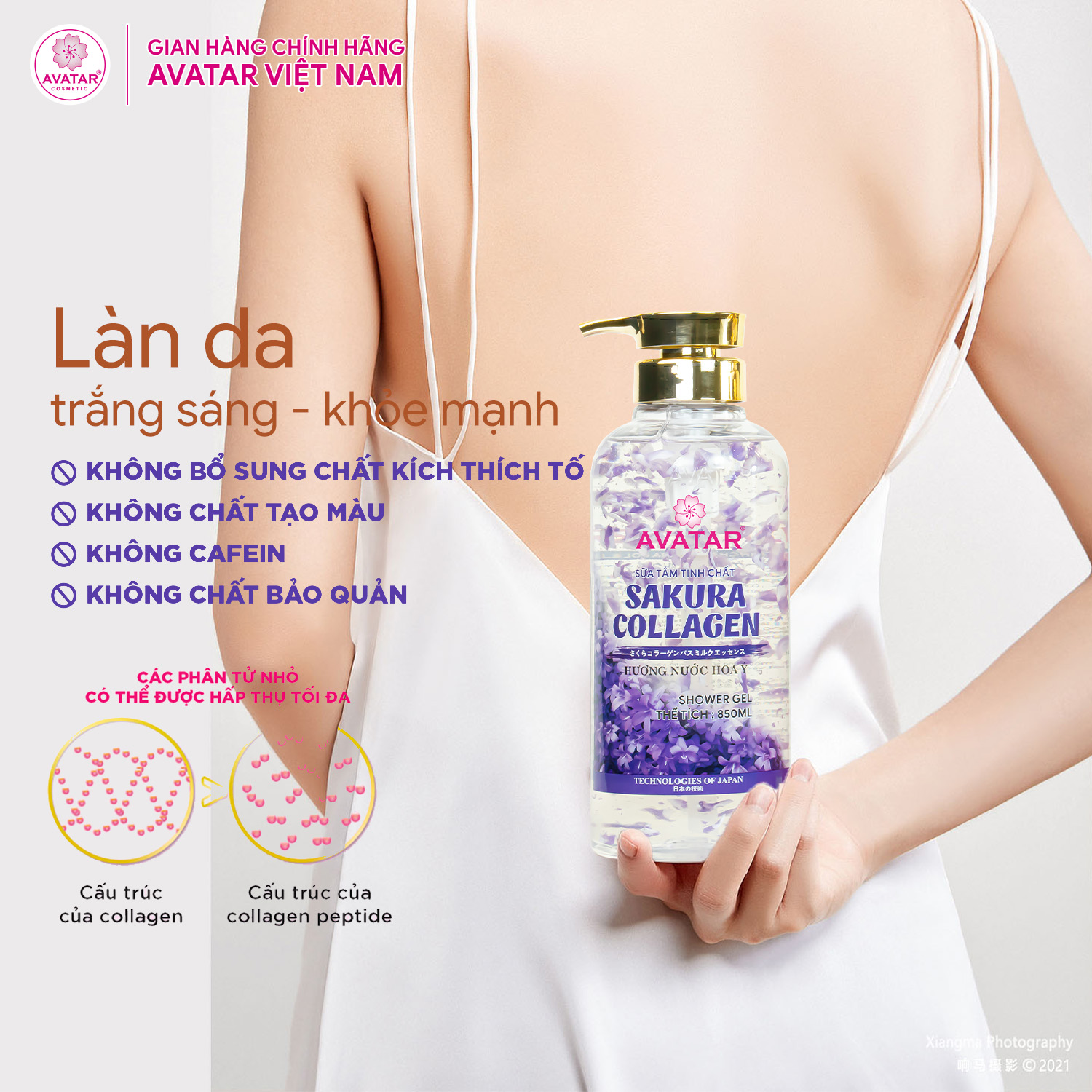 Sữa Tắm Sakura Avatar Tinh Chất Collagen Hương Nước Hoa Ý Phục Hồi Da , Chống Lão Hóa, Trắng Da 850ml (Hoa Tím)